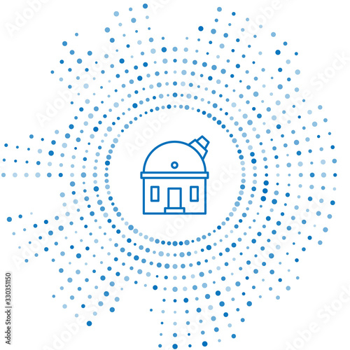 Blue line Astronomical observatory icon isolated on white background. Observatory with a telescope. Scientific institution. Abstract circle random dots. Vector Illustration