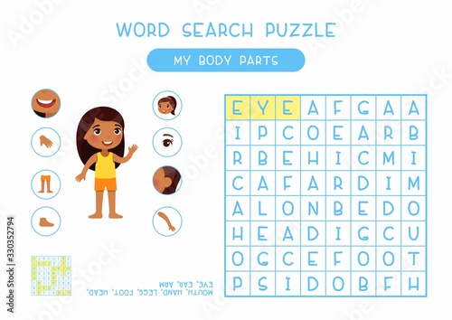 My body parts word search puzzle flat vector design. Anatomy learning game for kids template, cartoon worksheet idea. Childish printable crossword with human external organs names layout