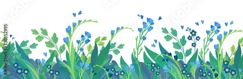 Floral  flat vector template horizontal background. Blue wildflowers blank border design. Cornflowers and daisy blossoms cartoon decor element