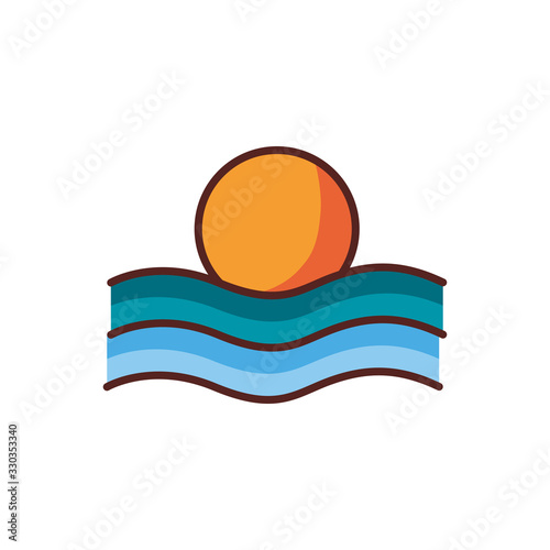 sun with sea waves summer scenes line color style