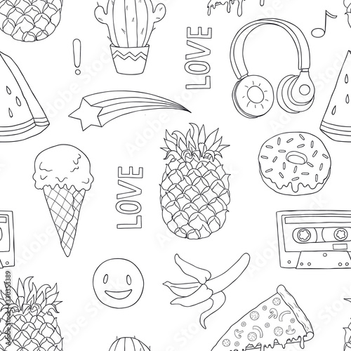 Seamless pattern with pineapple, ice cream, donut, headphones and other items.