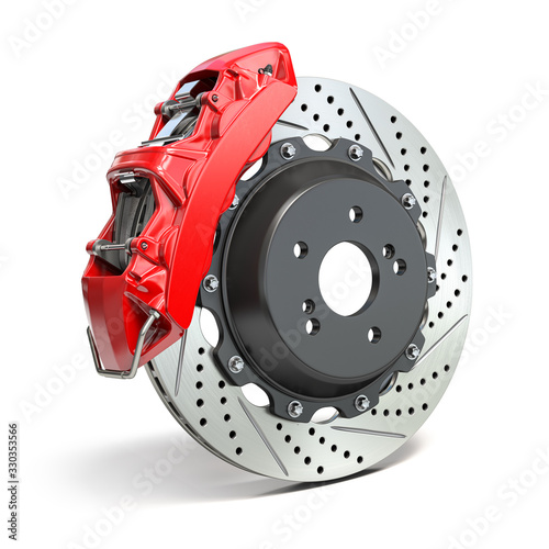 Braking system. Car brake disk with caliper isolated on white background.