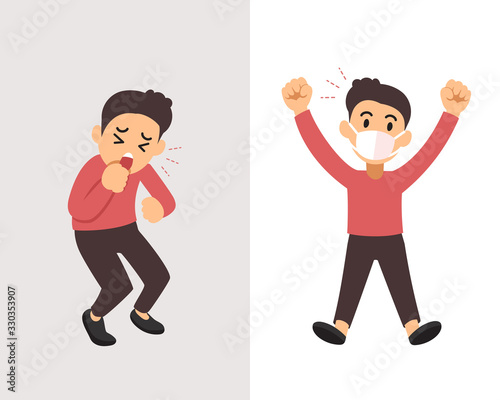 Air pollution concept man coughing and wearing protective face mask for design.