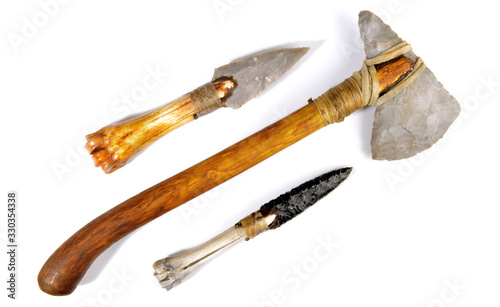 Stone Age Tools on white Background - Stone Age Axe, Knives and Arrows
