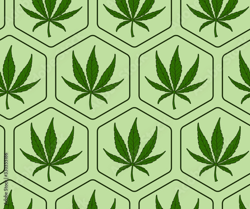 Vector illustration. Seamless patterns. Cannabis leaves in hexagons. Green leaves Isolated on green. Minimalism.