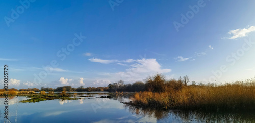 Reflection in the river of clouds and blue sky