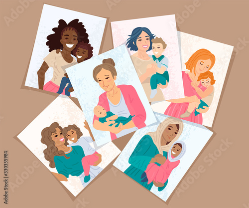 Cards with diverse mothers holding their babies. Vector illustration