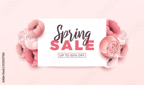 Spring sale background with beautiful flowers. Vector illustration