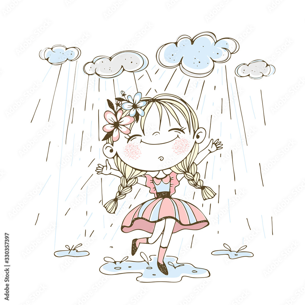 A little cute girl runs merrily through puddles in the rain. Vector. A little cute girl runs merrily through puddles in the rain. Vector.