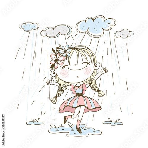 A little cute girl runs merrily through puddles in the rain. Vector.