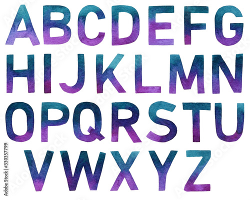 Hand drawn watercolor alphabet isolated on white.