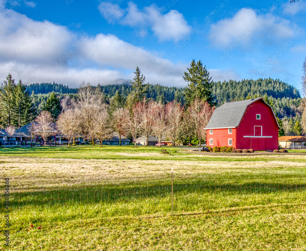 Obraz premium Red Barn along the McKenzie River in Oregon
