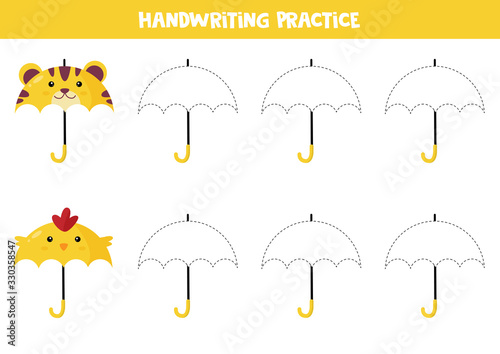 Educational worksheet for preschool kids. Handwriting practice. Trace umbrellas.