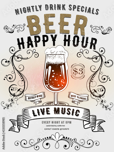 Beer happy hour vintage invitation poster - vintage poster with retro floral ornament, beer glass on white background. Design template with sample text for promoting your vintage events.