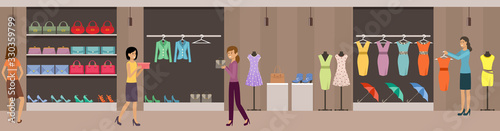 Shop women's clothing and shoes. Shopping center. Supermarket