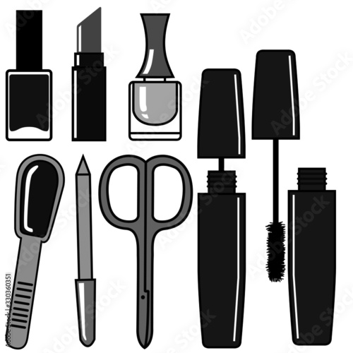 set of vector illustrations in monochrome gray, lipstick, nail polish, mascara, all for female beauty, isolate on a white background
