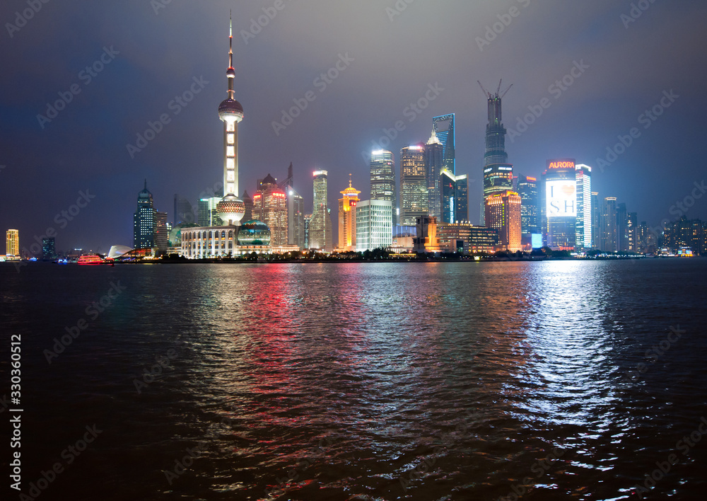 Night view on Pudong skyline seen from the Bund, Shanghai in China