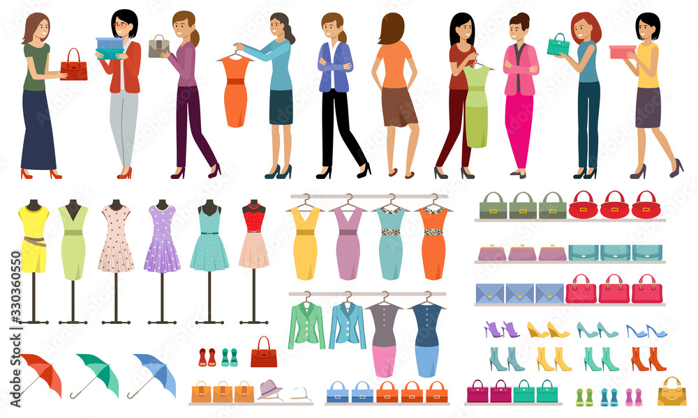 Set of women with purchases in a clothing and shoe store