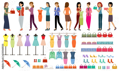 Set of women with purchases in a clothing and shoe store