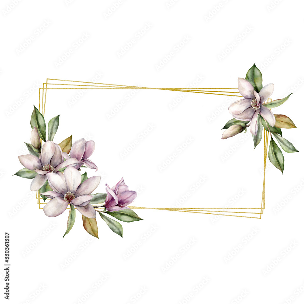 Obraz premium Watercolor golden frame with magnolia. Hand painted holiday bouquet with flowers and leaves isolated on white background. Floral spring illustration for design, print, fabric or background.