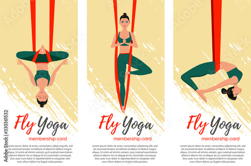 Beautiful girl wearing sportswear doing fly yoga stretching exercises. Anti-gravity relaxing and practices aerial yoga flyers set. Sport healthy lifestyle and fitness training vector illustration.