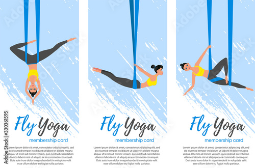 Beautiful girl wearing sportswear doing fly yoga stretching exercises. Anti-gravity relaxing and practices aerial yoga flyers set. Sport healthy lifestyle and fitness training vector illustration.