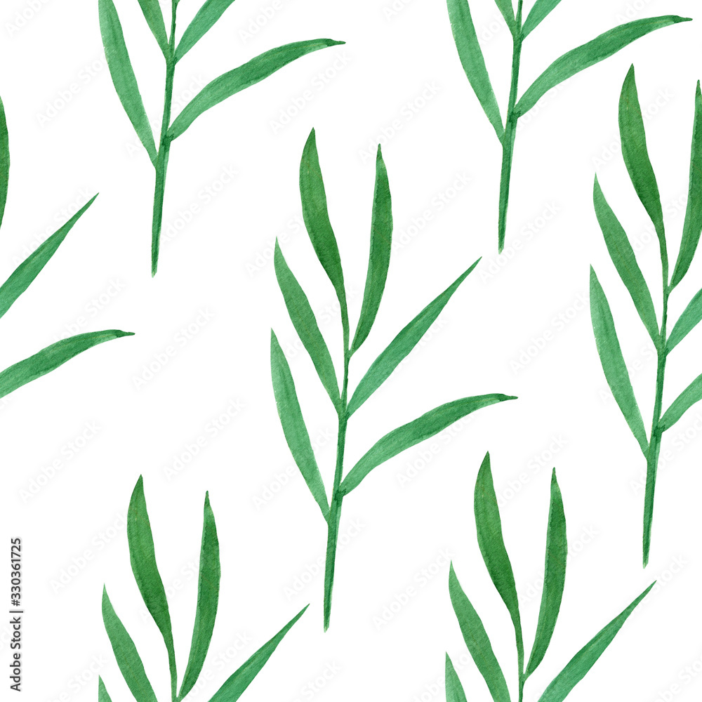 Naklejka premium Watercolor seamless pattern with green palm leaves on white. Background with hand drawn leaves.