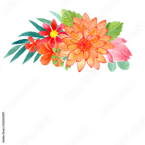 Fototapeta Naklejka Na Ścianę i Meble -  Watercolor floral crown of tropical flowers and leaves isolated on white