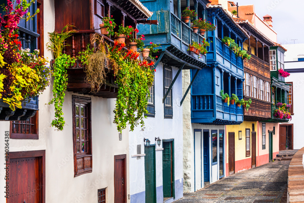 Beautiful colorful floral streets with traditional balconies of Santa Cruz de la Palma - capital of La Palma island, Canary islands of Spain