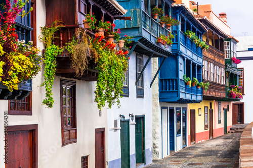 Beautiful colorful floral streets with traditional balconies of Santa Cruz de la Palma - capital of La Palma island, Canary islands of Spain