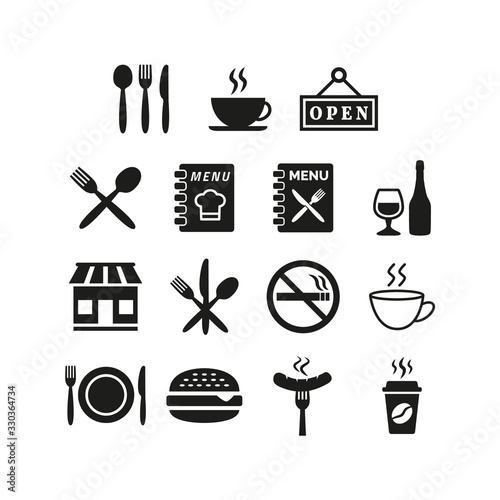 Restaurant and cafe icons set on white background.
