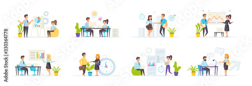 Business meeting set with people characters in various scenes and situations. Business presentation with diagrams, strategy planning. Bundle of office workers cooperation and discussion in flat style.