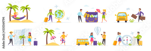 Summer holidays set with people characters in various situations. Tourists traveling with baggage, family couple of journeys, preparation and choice of tour. Bundle of tropical vacation in flat style.