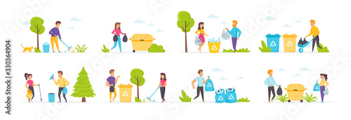 Garbage collection set with people characters in various scenes and situations. Volunteers picking up waste in containers for recycling. Bundle of ecology and environment care in flat style.