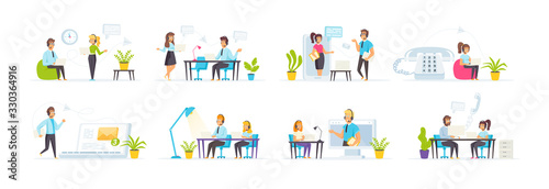 Call center with people characters in various scenes. Consultant in phone headset works in office. Bundle of online customer support in flat style. Personal assist and hotline operator communication.