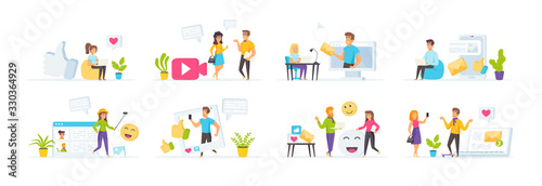 Social media set with people characters in various situations. People sending posts, emails, photos and sharing video content in social media. Bundle of blogging and online communication in flat style