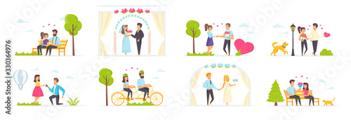 Couple in love set with people characters in various situations. Romantic couple having fun at date, man proposing woman to marry him, wedding ceremony. Bundle of happy valentines day in flat style.
