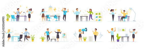 Quarrel at work set with angry people characters in various scenes. Men and women scolding, brawling, bickering and shouting at each other in office. Bundle of conflict relationships in flat style