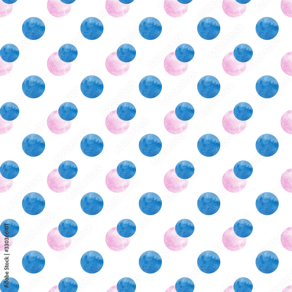 Seamless pattern of watercolor circles in pink and blue on a white background. Use for menus, baby decor and birthday parties Seamless pattern of watercolor circles in pink and blue on a white background. Use for menus, baby decor and birthday parties