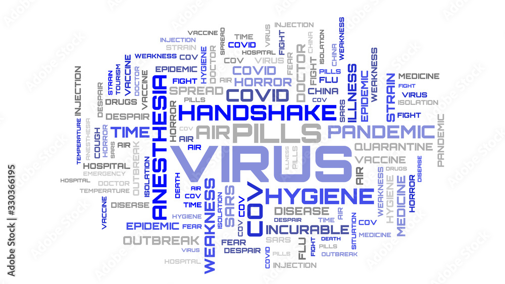 COVID-19 word cloud illustration. Beautiful blue word collage backdrop COVID-19 word cloud illustration. Beautiful blue word collage backdrop