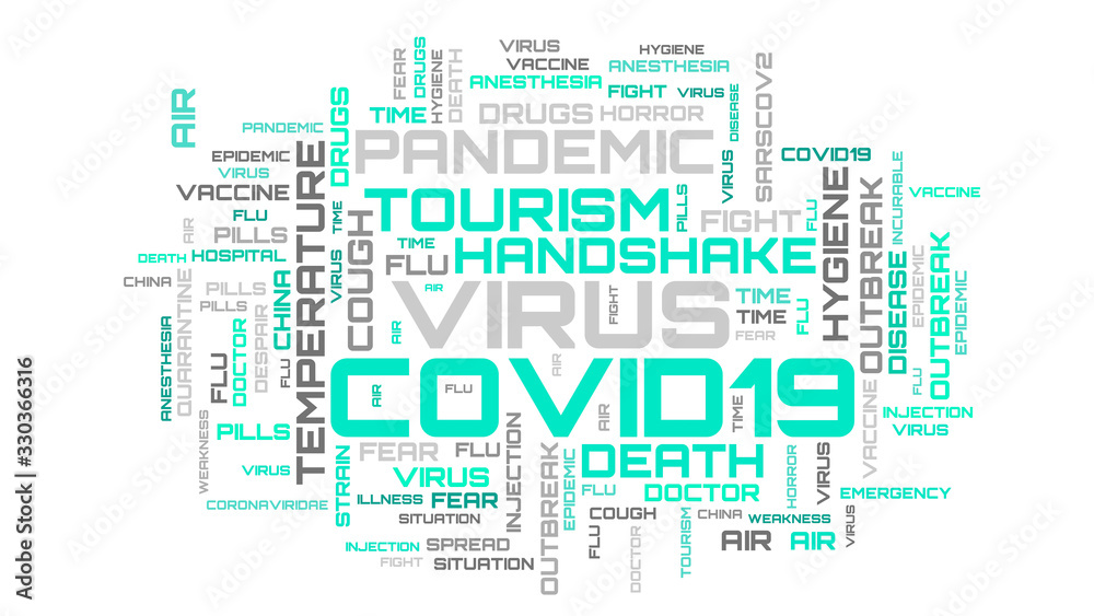 Turquoise COVID-19 topic word cloud concept illustration