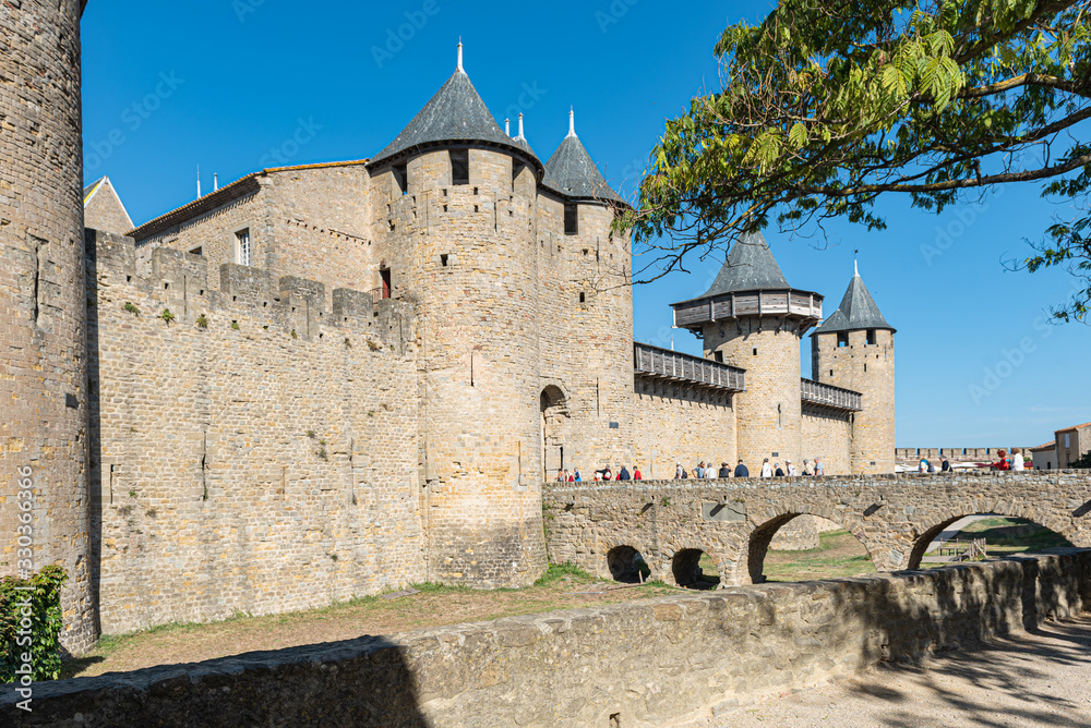 Entrance to the castle in the famous walled city of Carcassonne,  France.