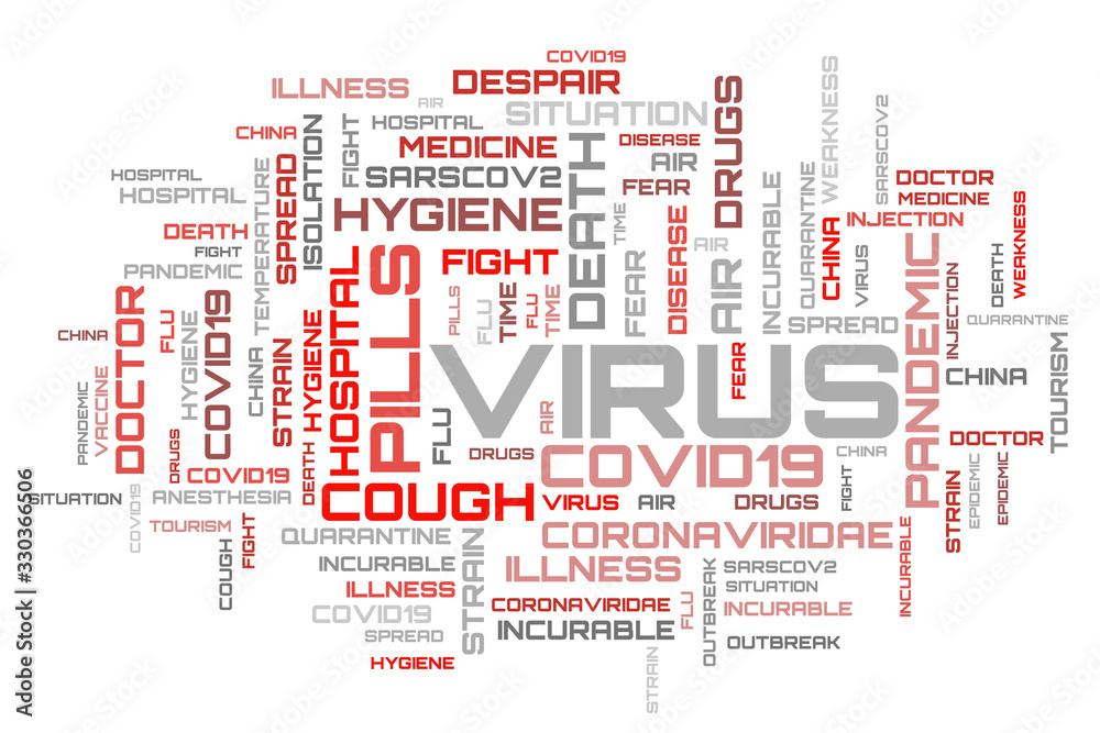 White background with red word cloud of COVID-19 topic White background with red word cloud of COVID-19 topic