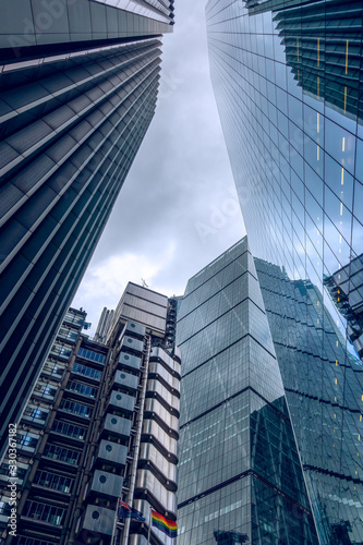 View of London's financial district skyscrapers from below