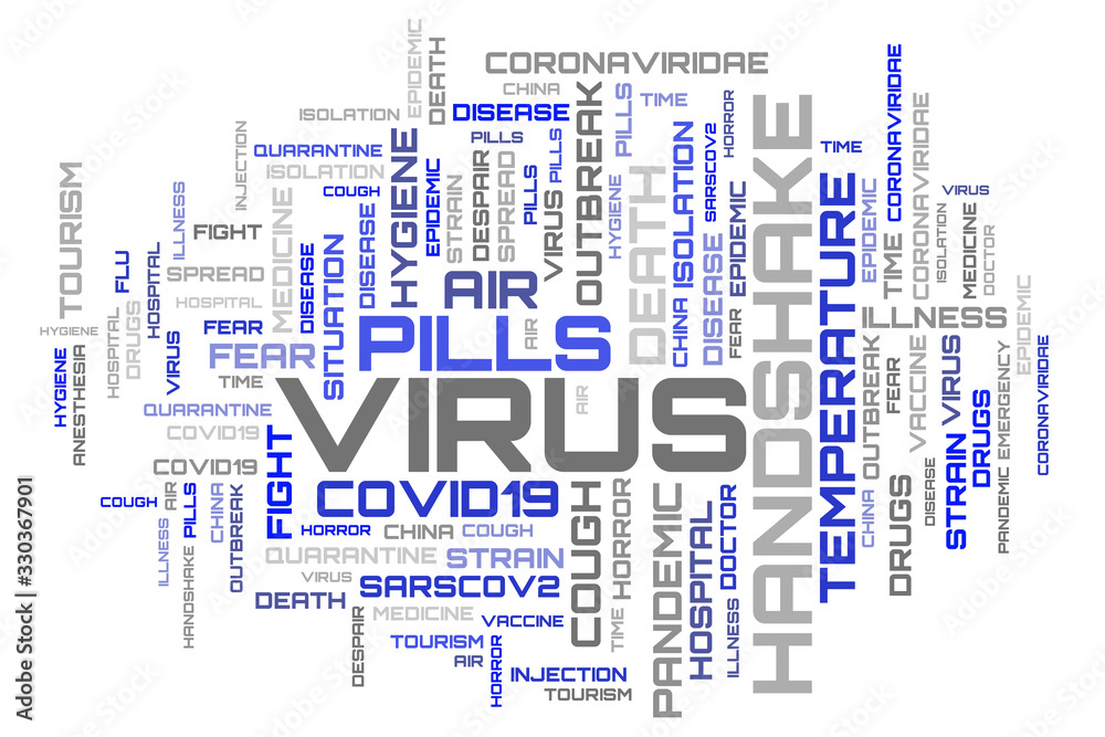 COVID-19 blue word collage on white background. Virus word cloud concept COVID-19 blue word collage on white background. Virus word cloud concept