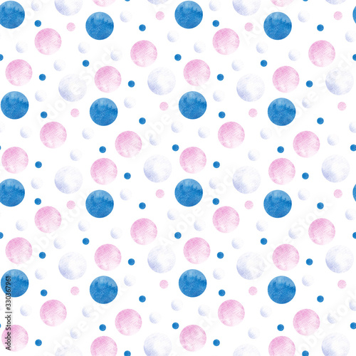 Seamless pattern of watercolor circles in pink and blue on a white background. Use for menus, baby decor and birthday parties