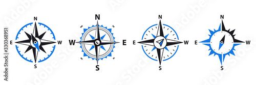 Compass - vector signs and symbols logo set. Navigation compass, rose with North, South, East and West. Set of Navigational compass, travel compass, lost compass.Traveler Device Map Navigate Equipment