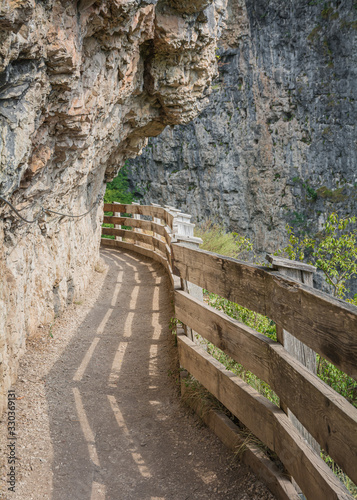 panoramic route to Sanctuary of San Romedio trentino  Trentino alto adige  northern italy  - Europe. Panoramic trail carved into the rock of the canyon