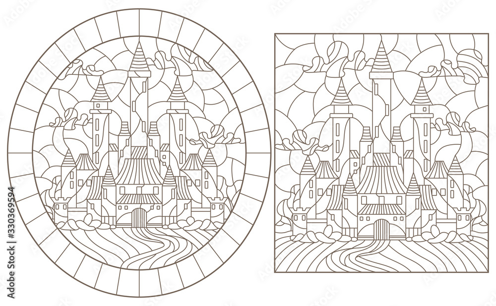Set contour illustration of stained glass of landscapes with ancient castles, dark outlines on a white background