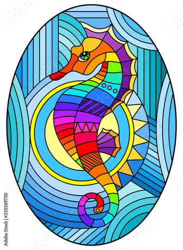 Illustration in stained glass style with fabulous abstract fish seahorse, rainbow fish on blue background, oval image